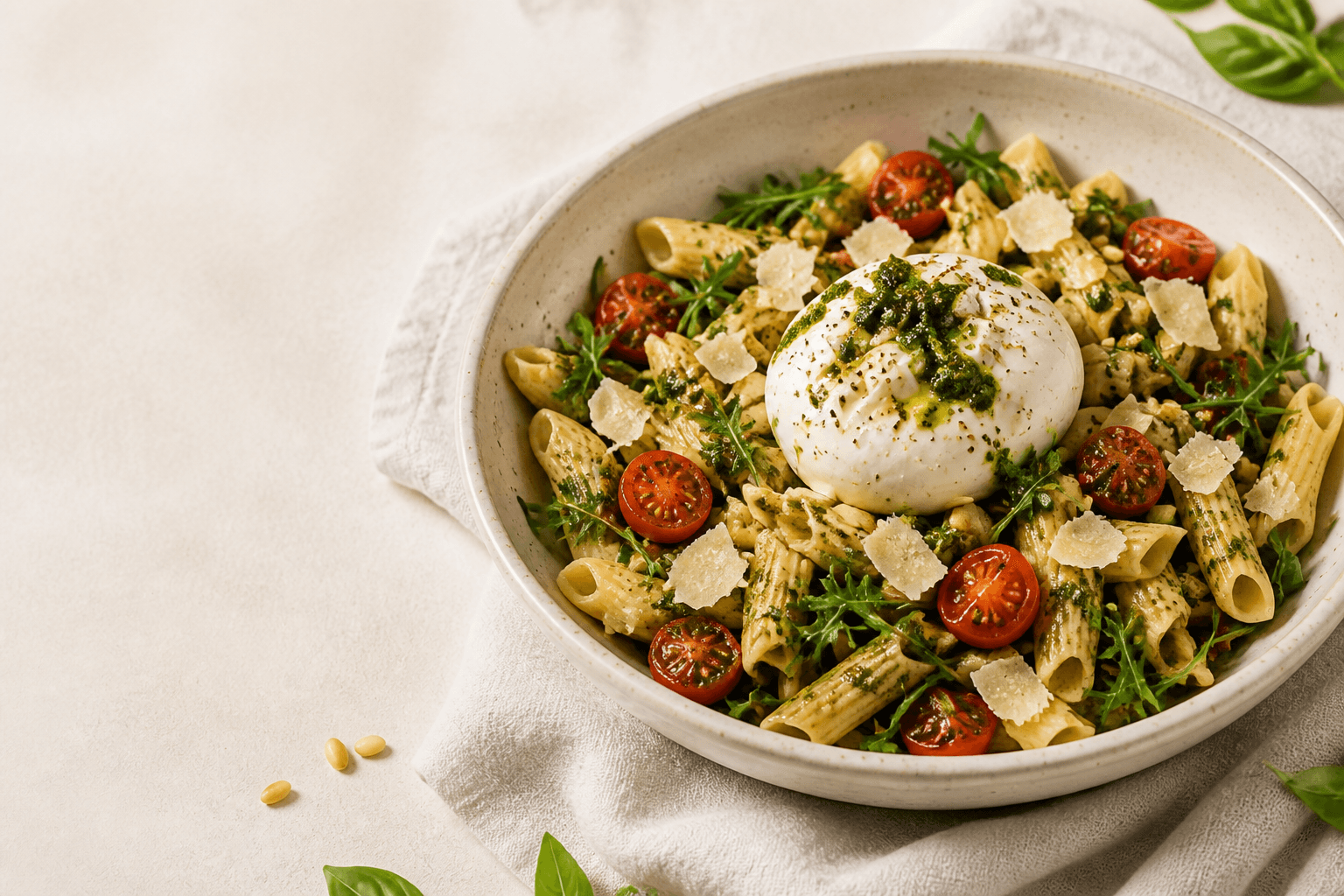 Frisk pasta bowl med burrata, pesto og cherrytomater