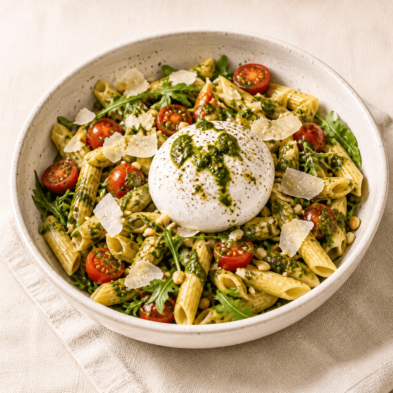 Pasta bowl med burrata, pesto og tomater