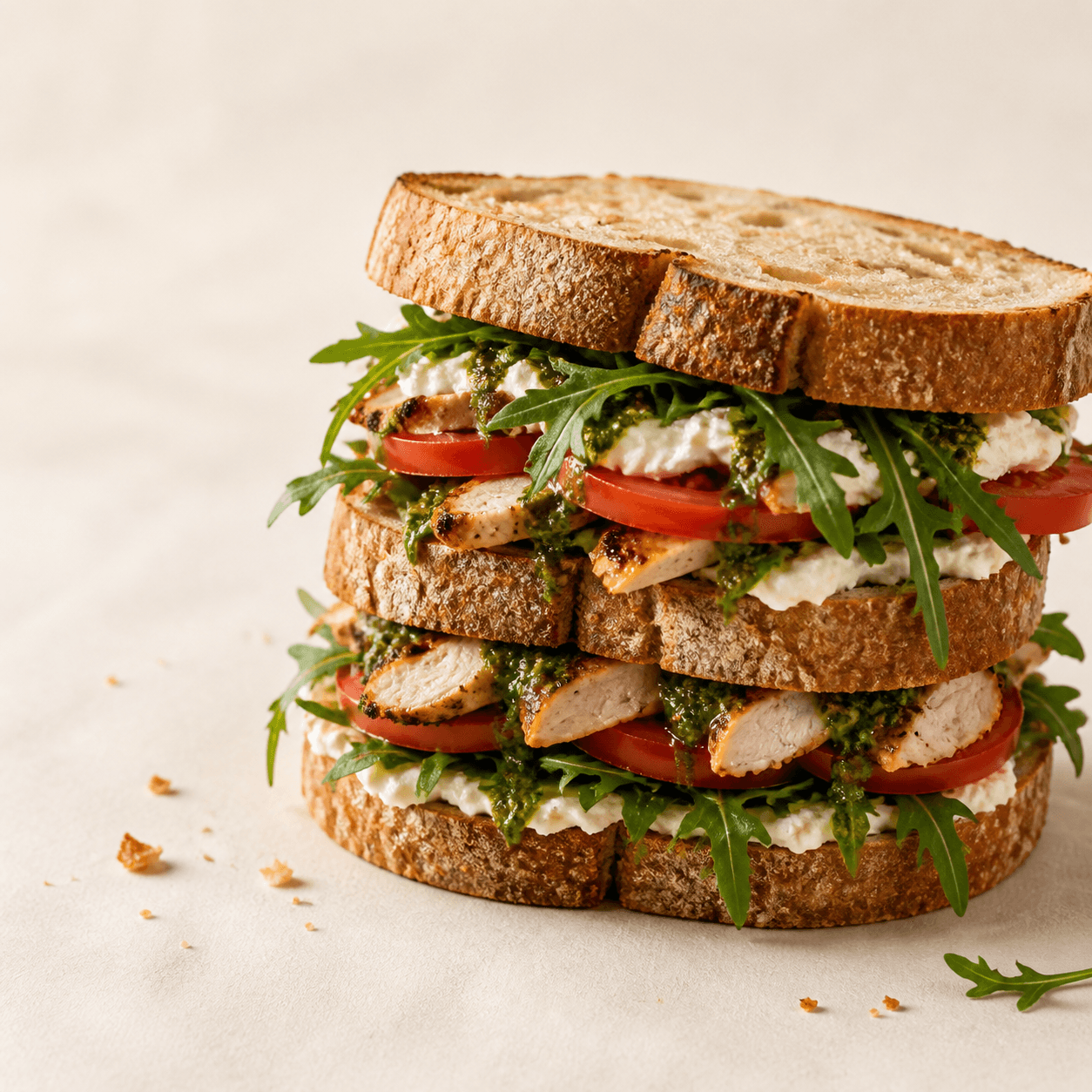 Sandwich med kylling, tomat, salat og pesto